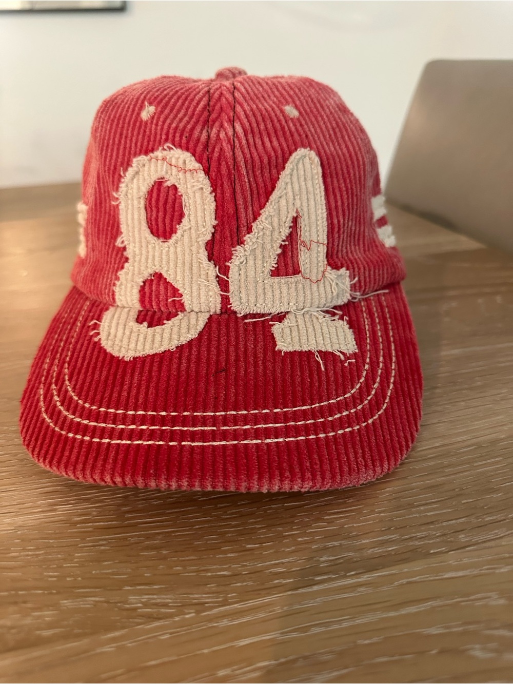 Free People Red Corduroy '84 Patch Baseball Hat with Cream Appliqué